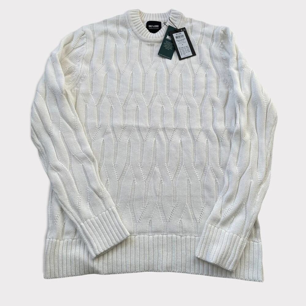 Only & Sons Mens Crewneck Cable Knit Sweater Cloud Dancer Size M NWT - Picture 4 of 9